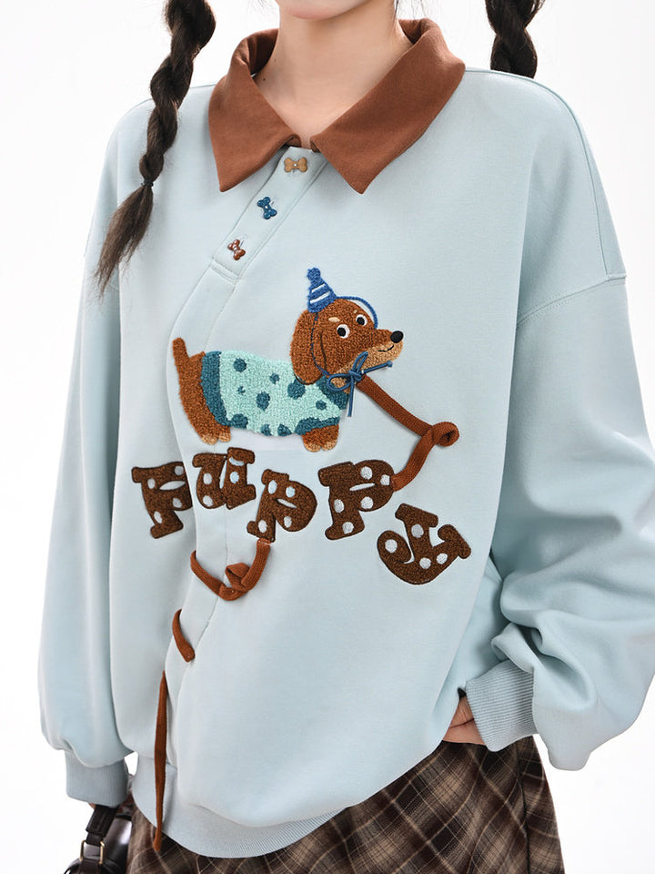 Dachshund Embroidered Collared Sweatshirt