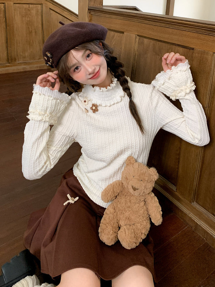 Floral Appliqué Ruffle Neck Sweater