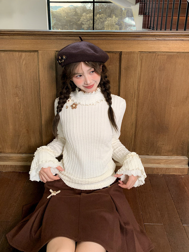 Floral Appliqué Ruffle Neck Sweater