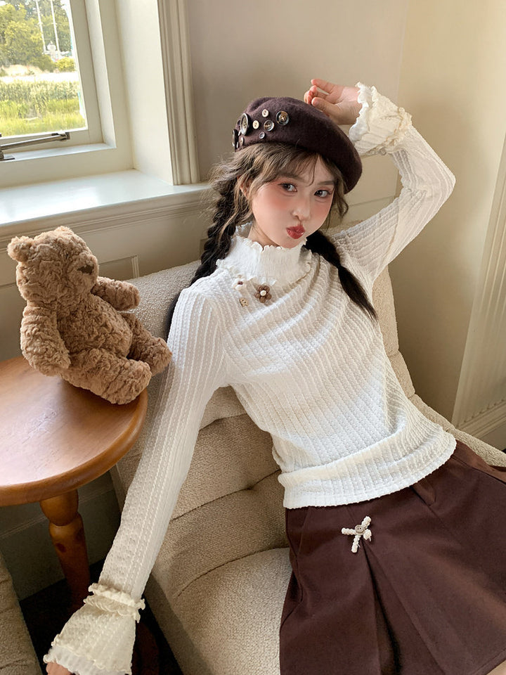 Floral Appliqué Ruffle Neck Sweater