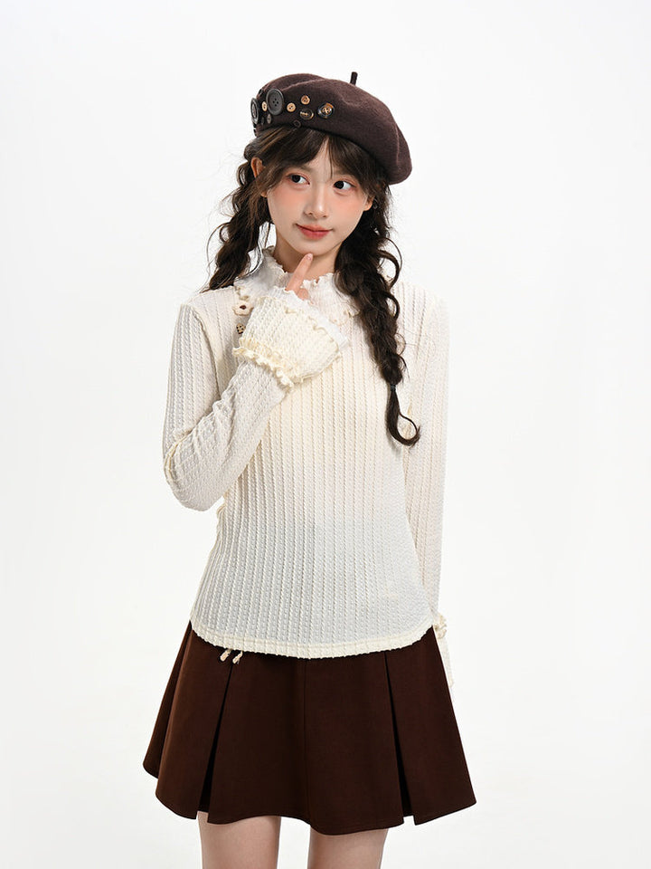 Floral Appliqué Ruffle Neck Sweater