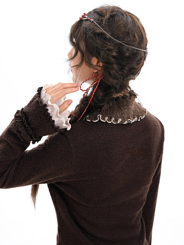Floral Appliqué Ruffle Neck Sweater