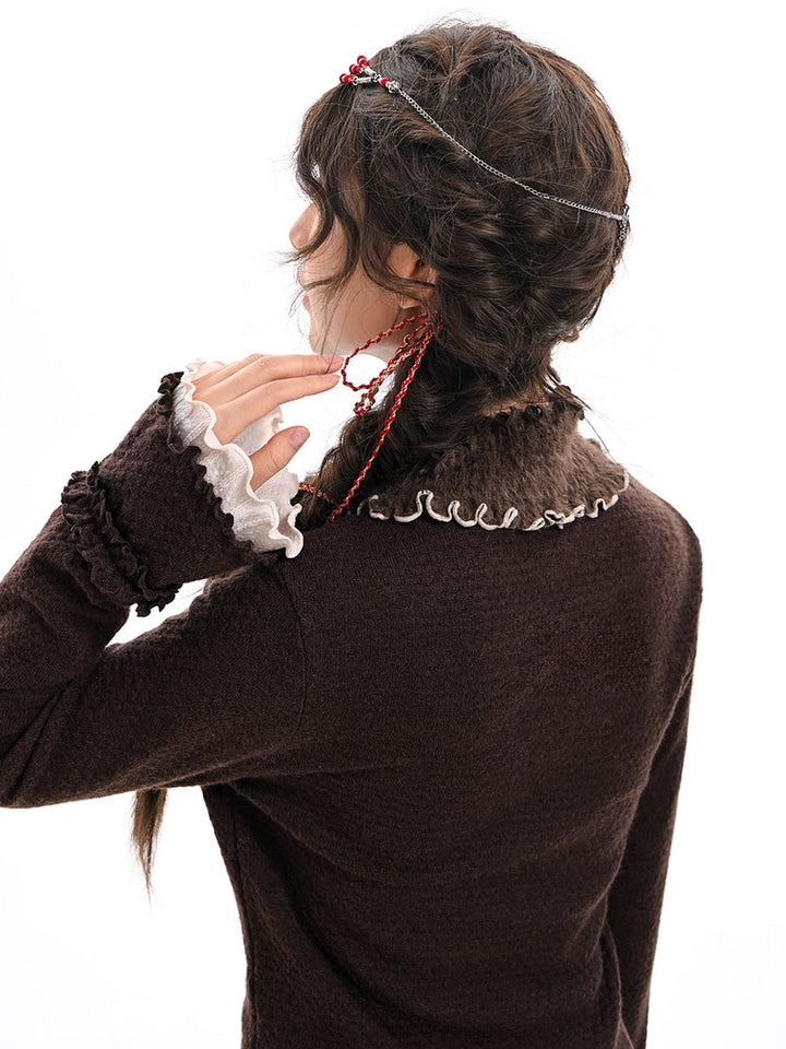 Floral Appliqué Ruffle Neck Sweater