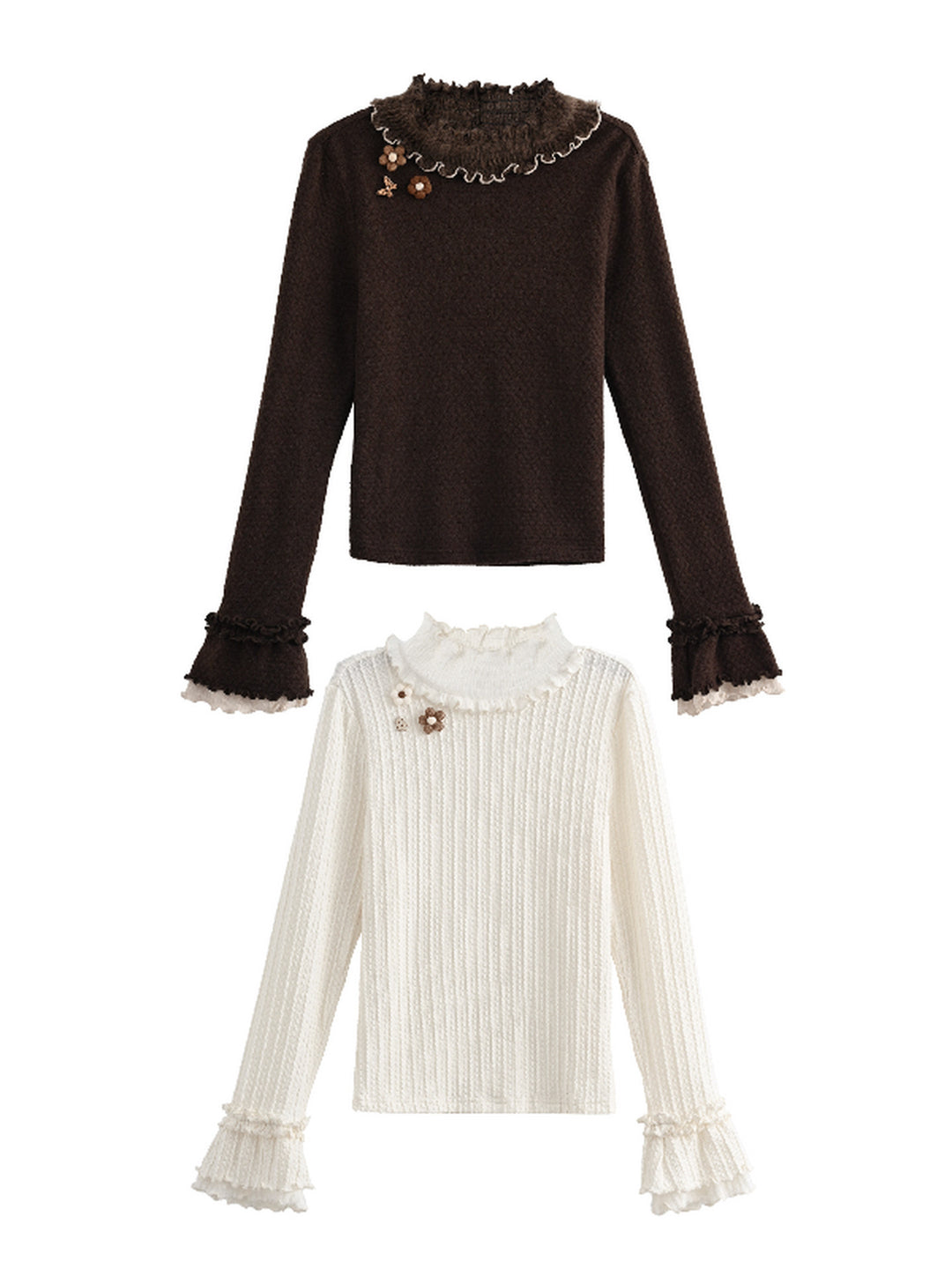 Floral Appliqué Ruffle Neck Sweater