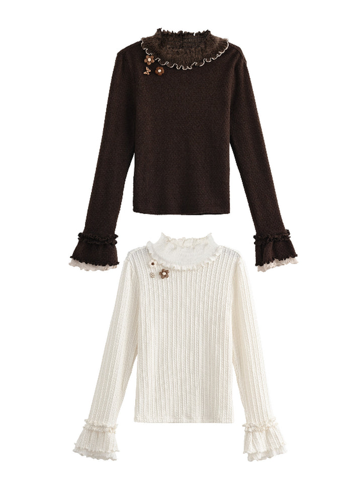 Floral Appliqué Ruffle Neck Sweater