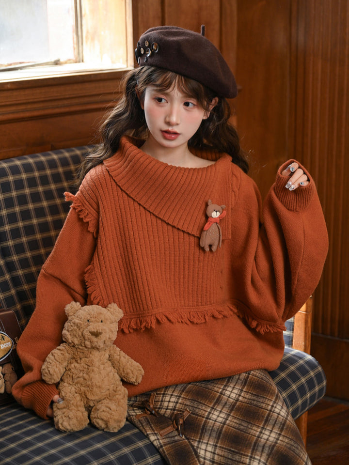 Bear Appliqué Fringe Collar Sweater