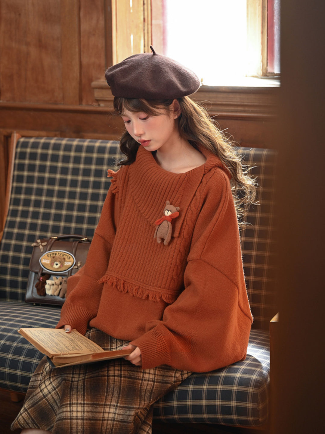 Bear Appliqué Fringe Collar Sweater