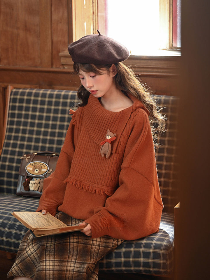 Bear Appliqué Fringe Collar Sweater