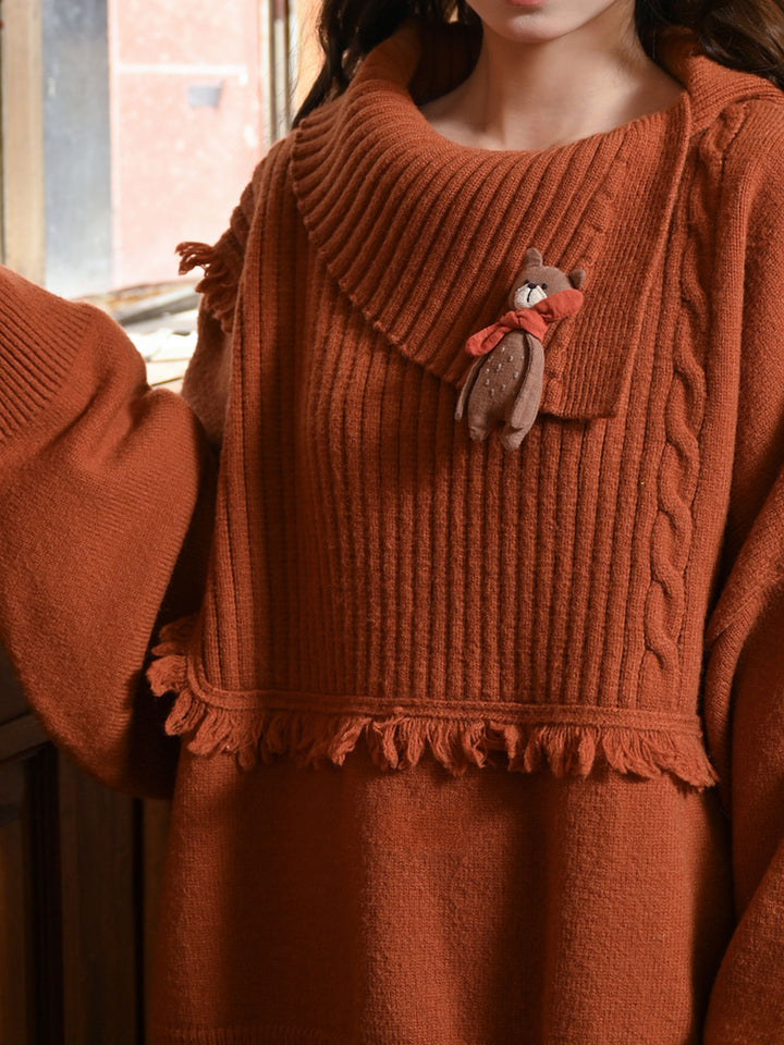 Bear Appliqué Fringe Collar Sweater
