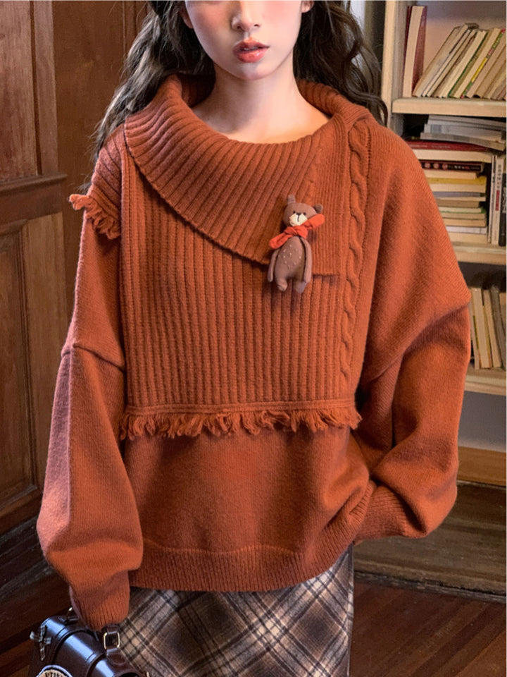 Bear Appliqué Fringe Collar Sweater