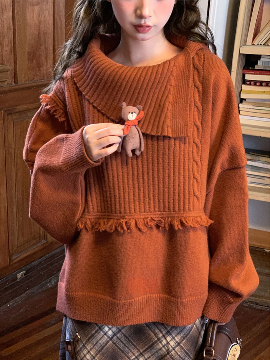 Bear Appliqué Fringe Collar Sweater