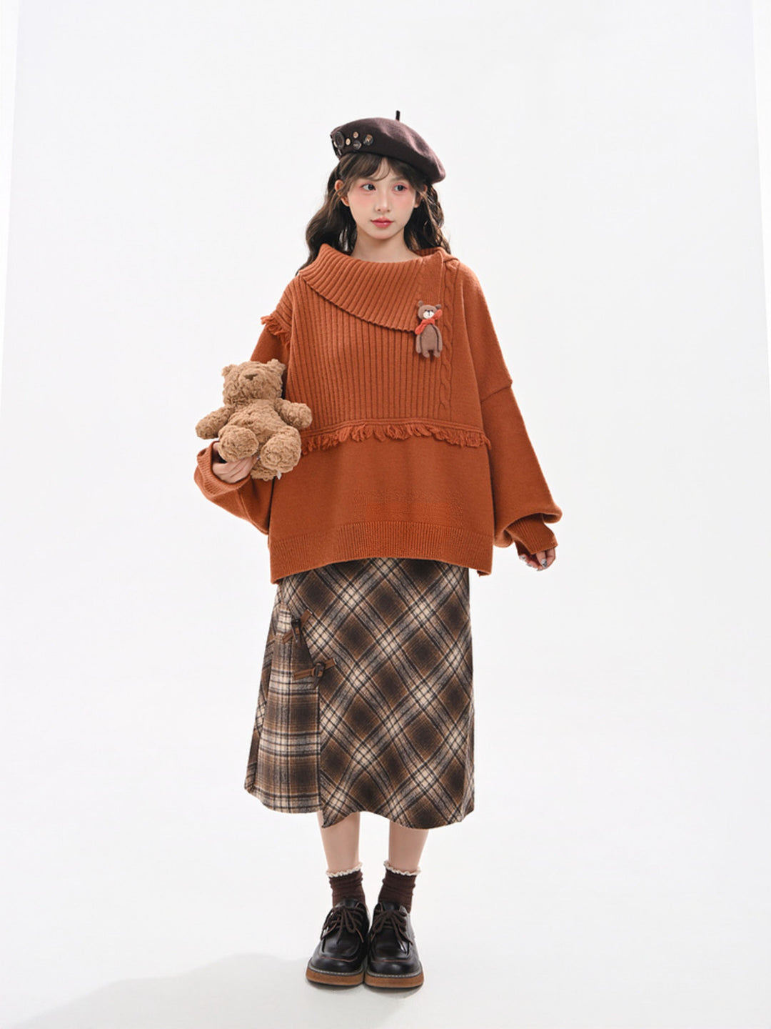 Bear Appliqué Fringe Collar Sweater
