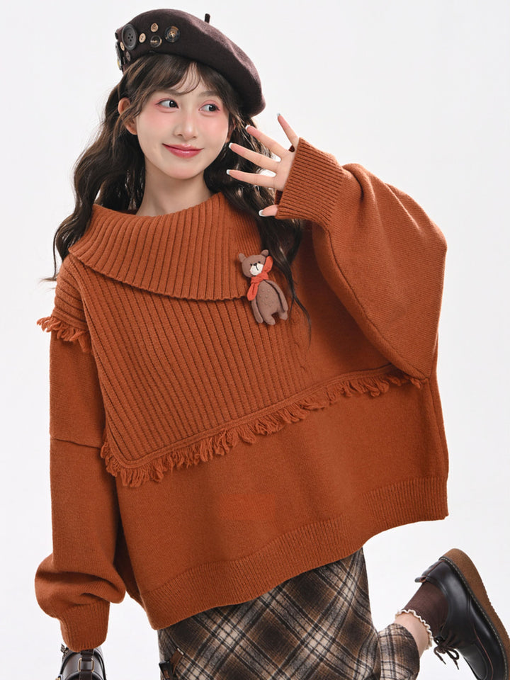 Bear Appliqué Fringe Collar Sweater