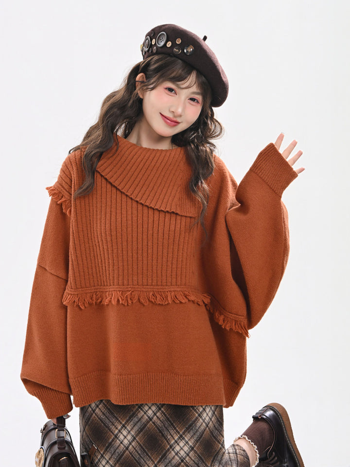 Bear Appliqué Fringe Collar Sweater