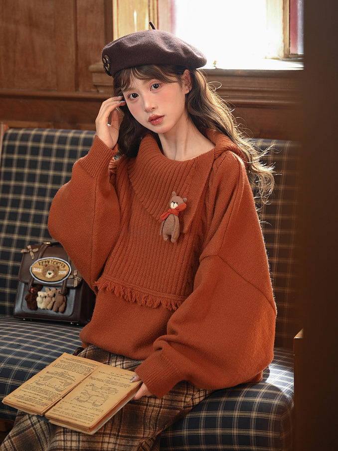 Bear Appliqué Fringe Collar Sweater