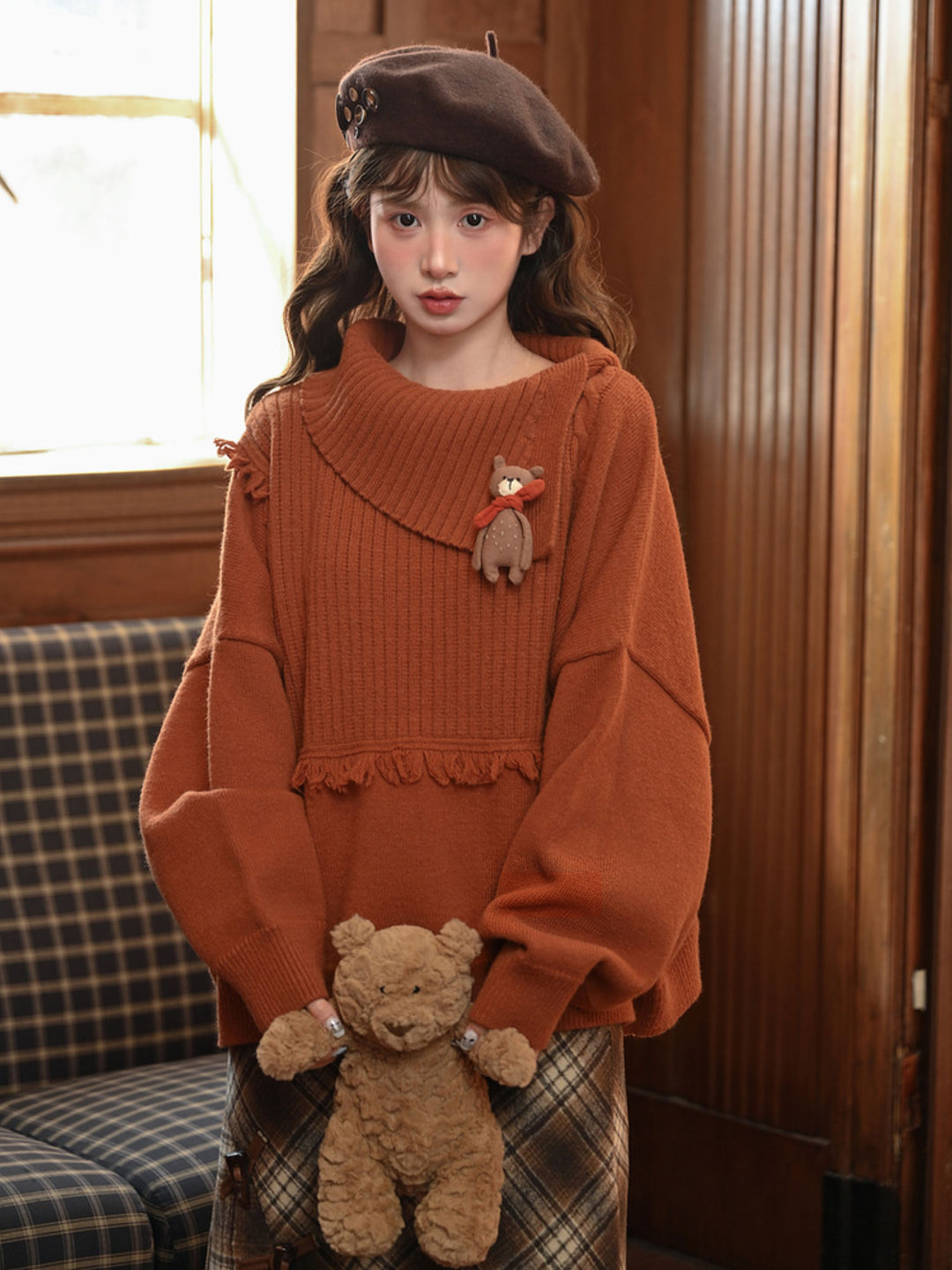 Bear Appliqué Fringe Collar Sweater