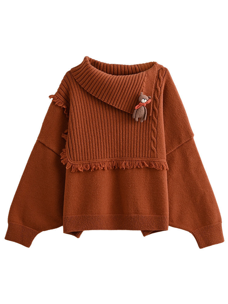 Bear Appliqué Fringe Collar Sweater