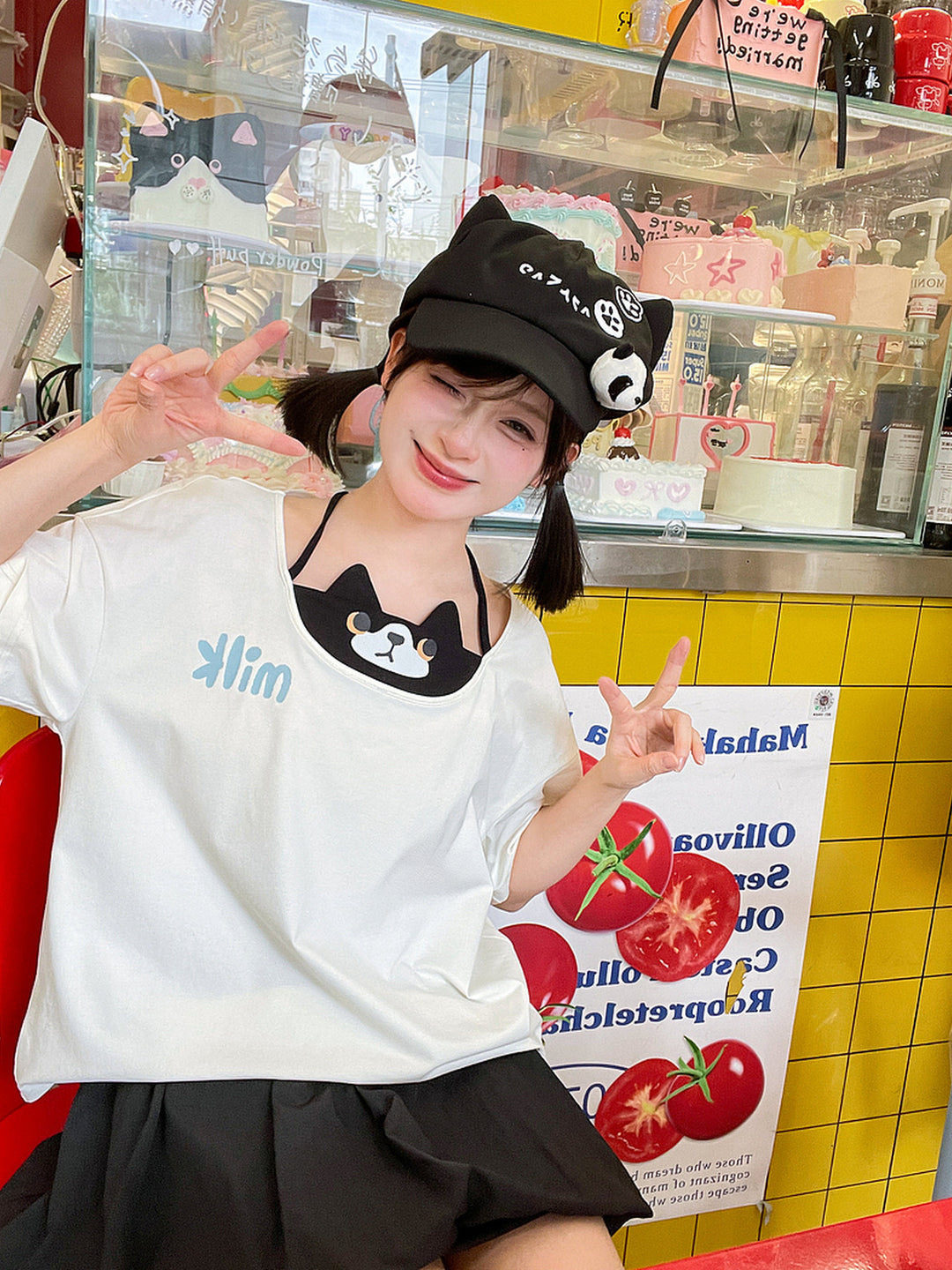 Cat Graphic Faux Two-Piece T-Shirt
