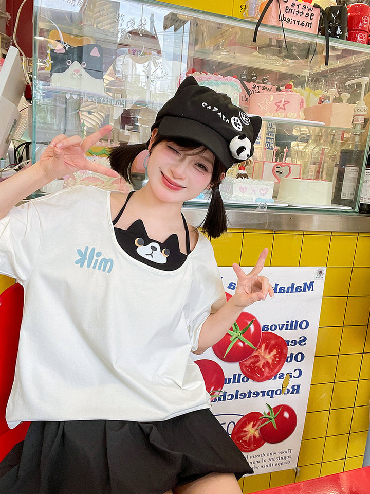 Cat Graphic Faux Two-Piece T-Shirt