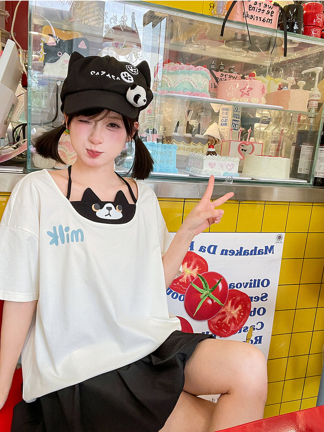 Cat Graphic Faux Two-Piece T-Shirt
