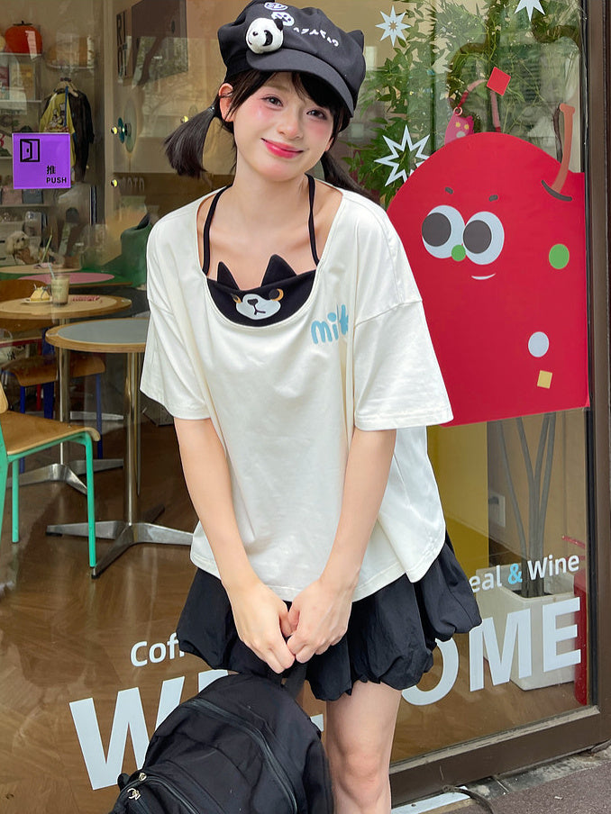 Cat Graphic Faux Two-Piece T-Shirt