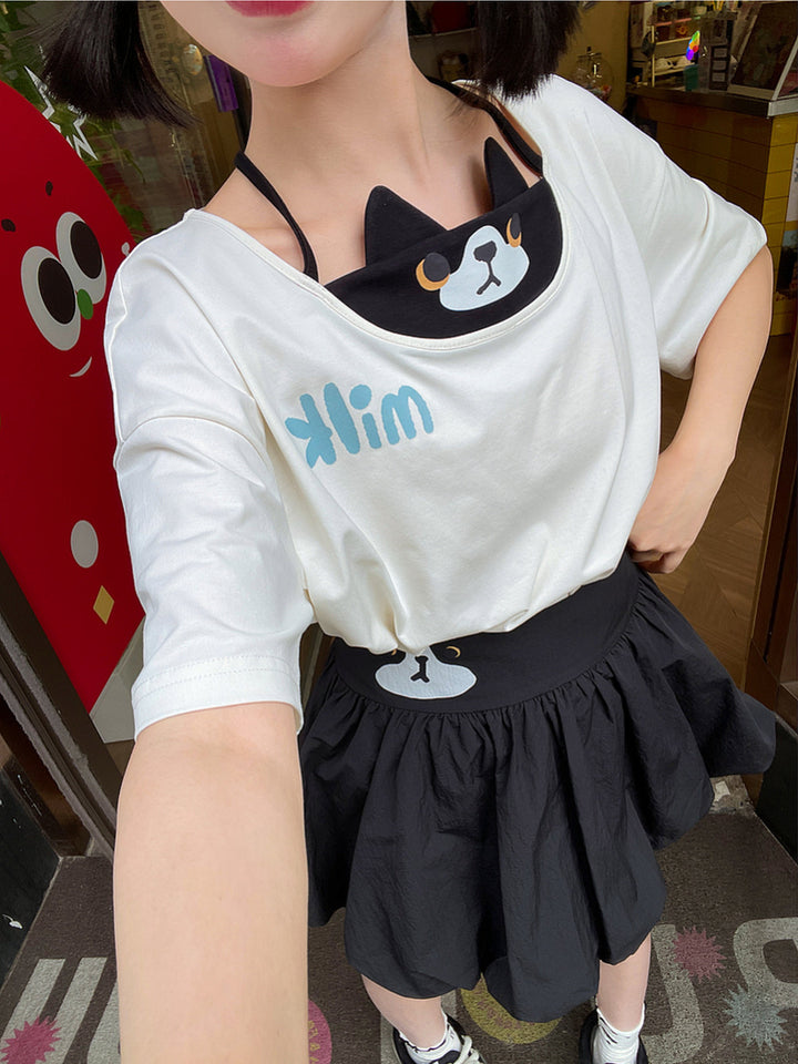 Cat Graphic Faux Two-Piece T-Shirt