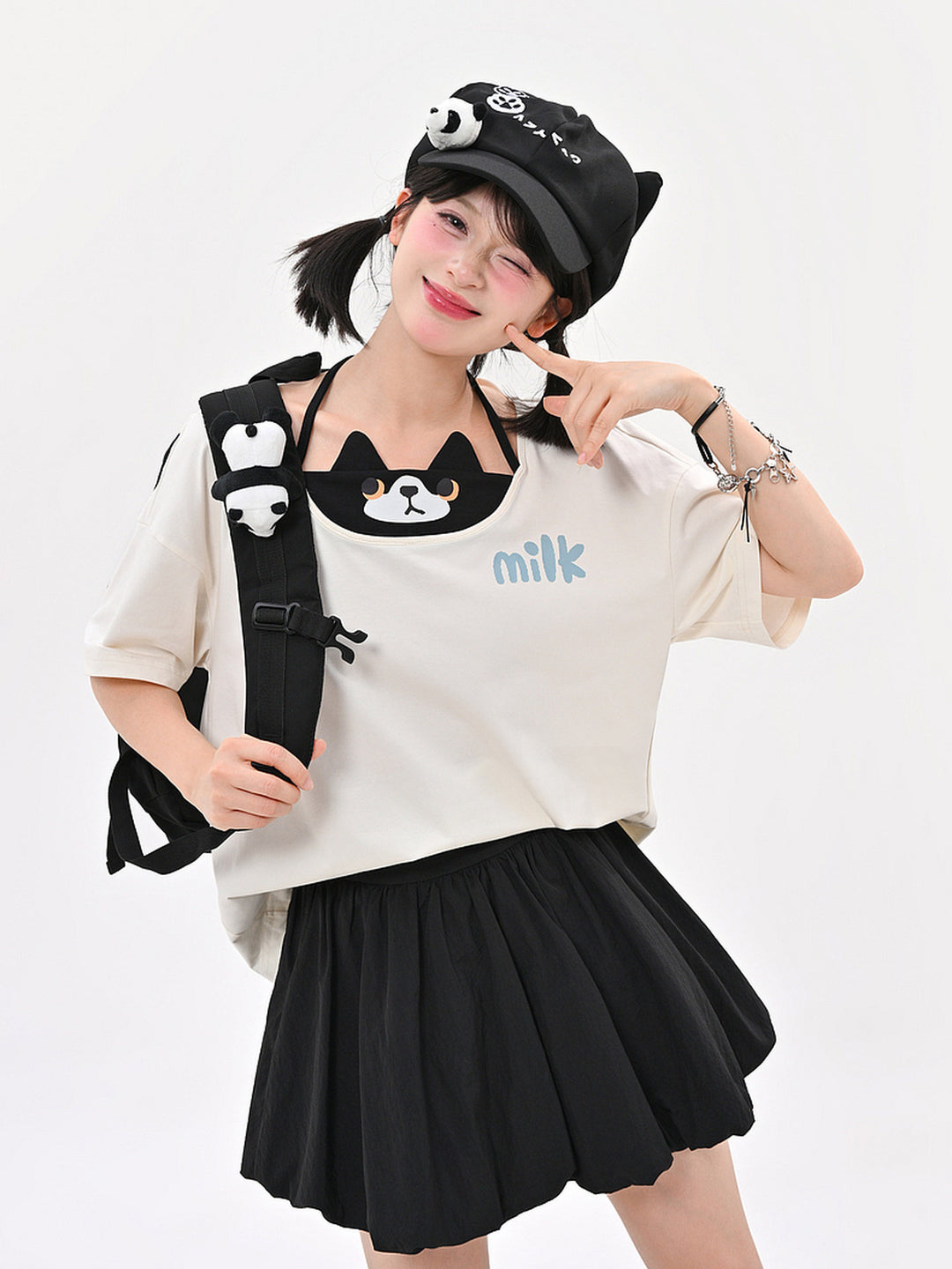 Cat Graphic Faux Two-Piece T-Shirt