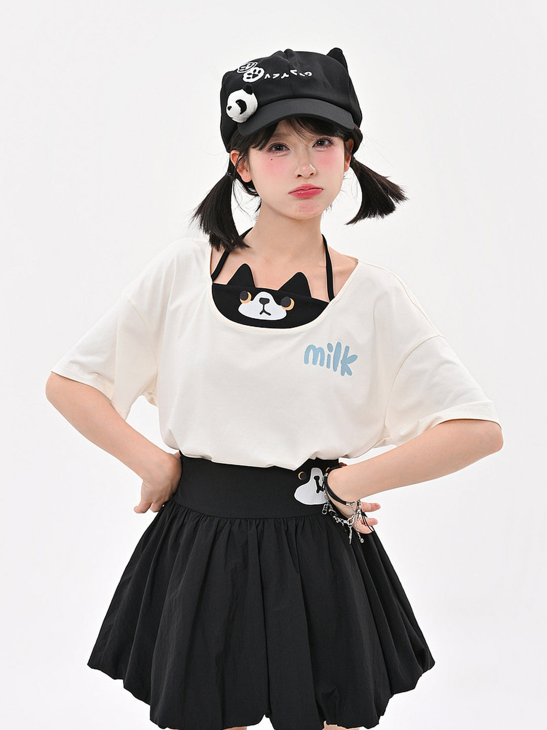 Cat Graphic Faux Two-Piece T-Shirt