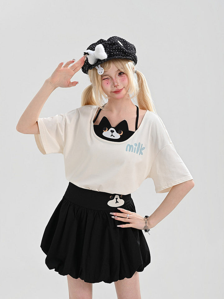 Cat Graphic Faux Two-Piece T-Shirt