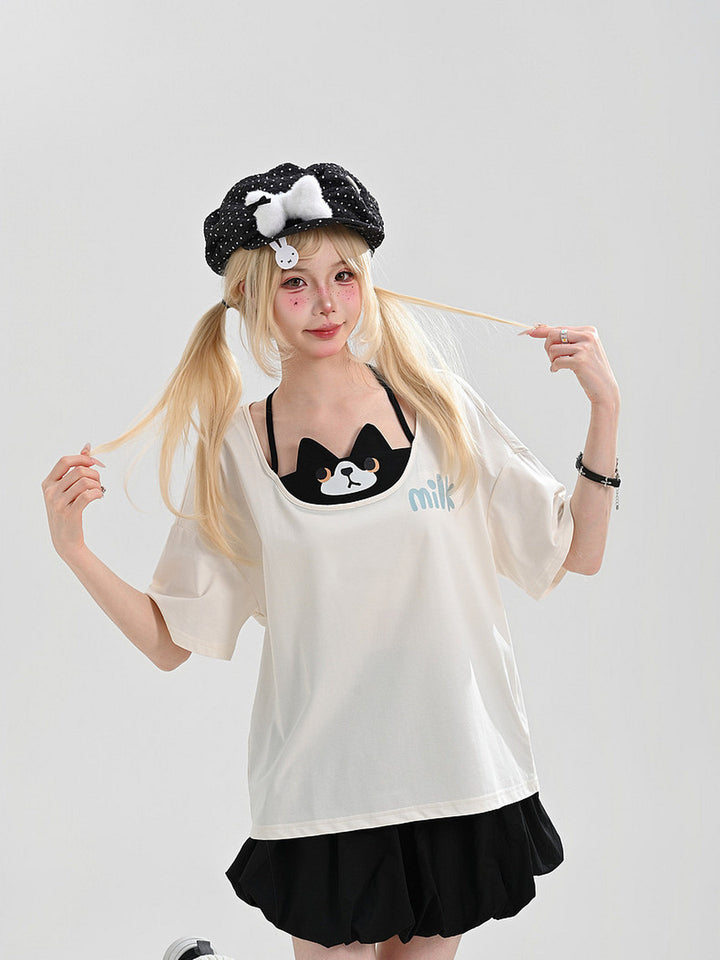 Cat Graphic Faux Two-Piece T-Shirt