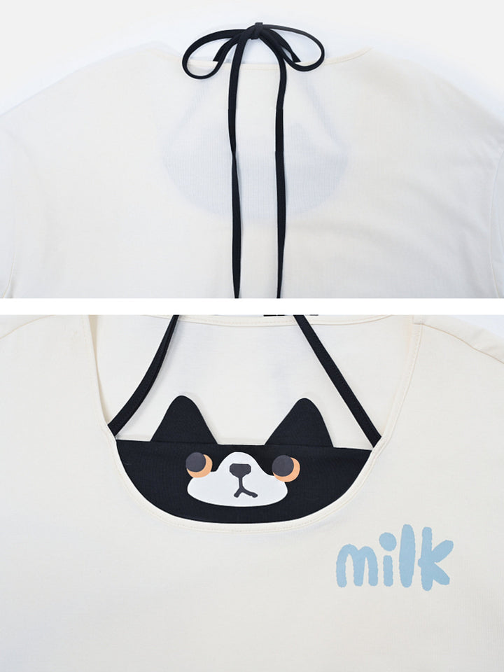Cat Graphic Faux Two-Piece T-Shirt