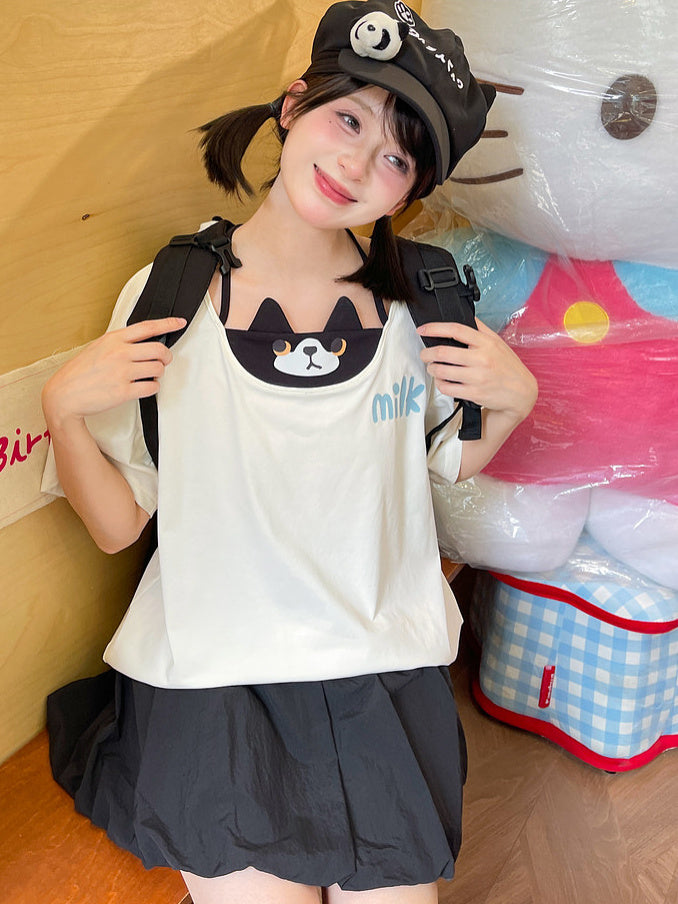 Cat Graphic Faux Two-Piece T-Shirt