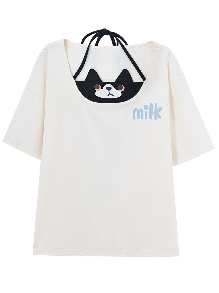 Cat Graphic Faux Two-Piece T-Shirt