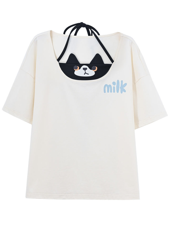 Cat Graphic Faux Two-Piece T-Shirt