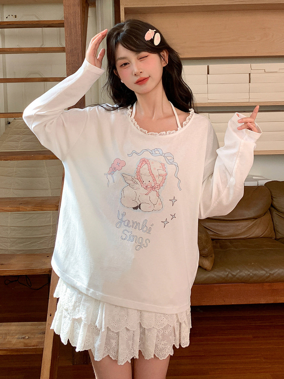 Kawaii Bonnet Lamb Graphic Long Sleeve T-Shirt