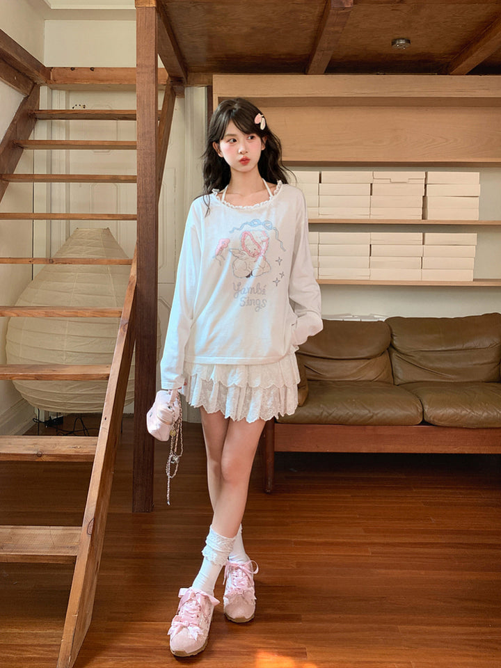 Kawaii Bonnet Lamb Graphic Long Sleeve T-Shirt