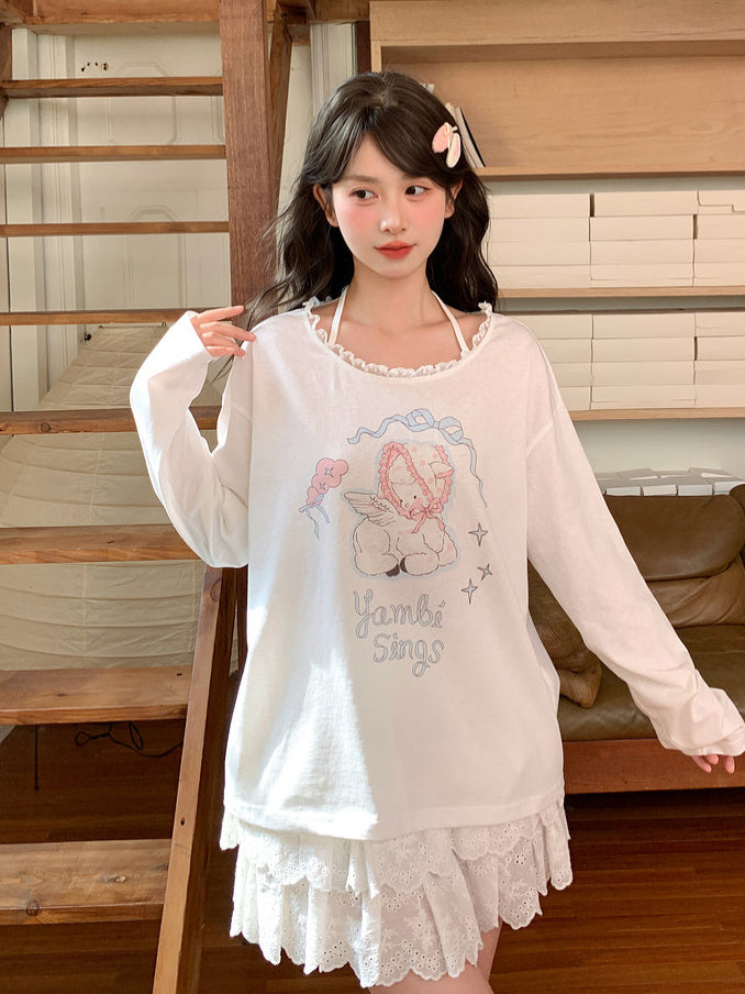 Kawaii Bonnet Lamb Graphic Long Sleeve T-Shirt