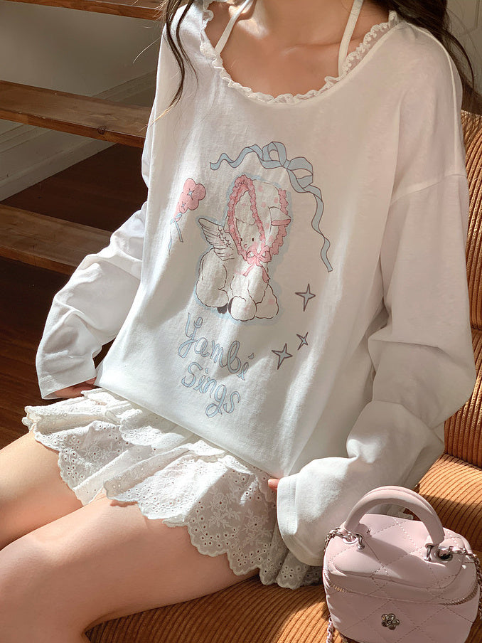 Kawaii Bonnet Lamb Graphic Long Sleeve T-Shirt