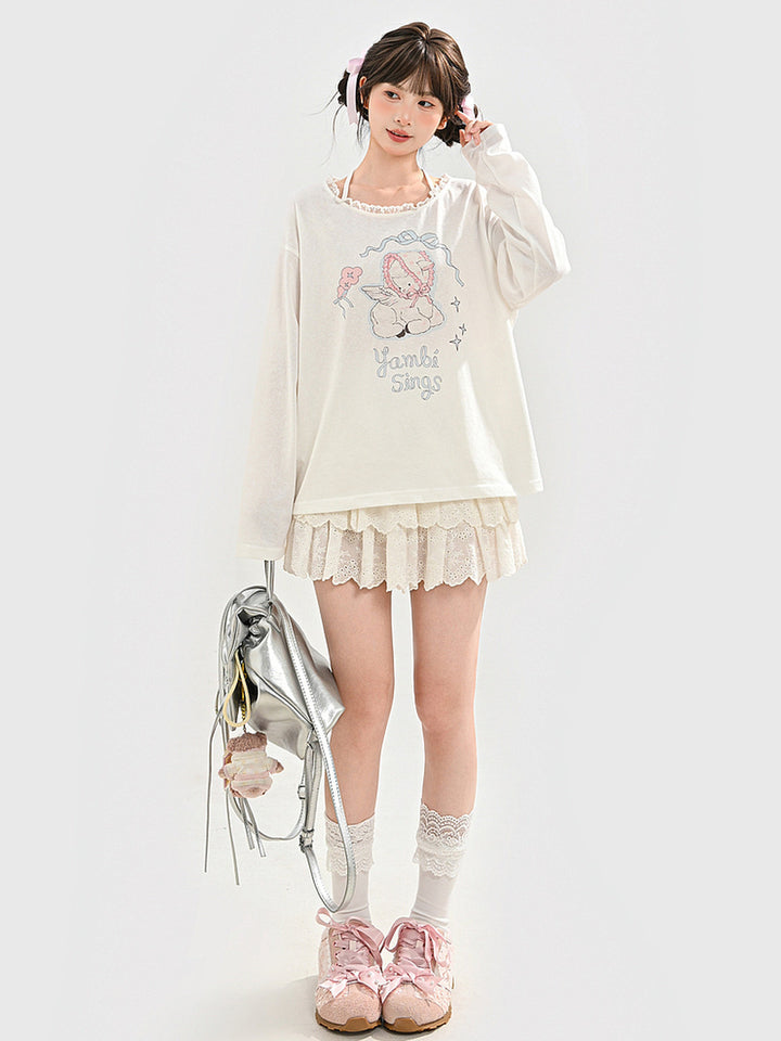 Kawaii Bonnet Lamb Graphic Long Sleeve T-Shirt