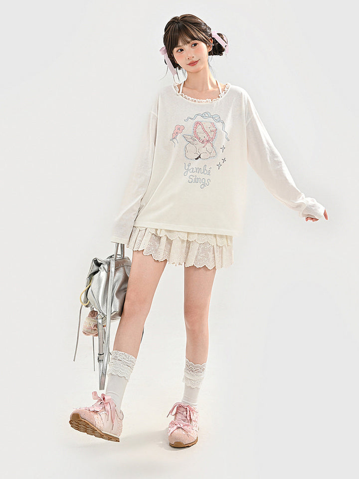 Kawaii Bonnet Lamb Graphic Long Sleeve T-Shirt