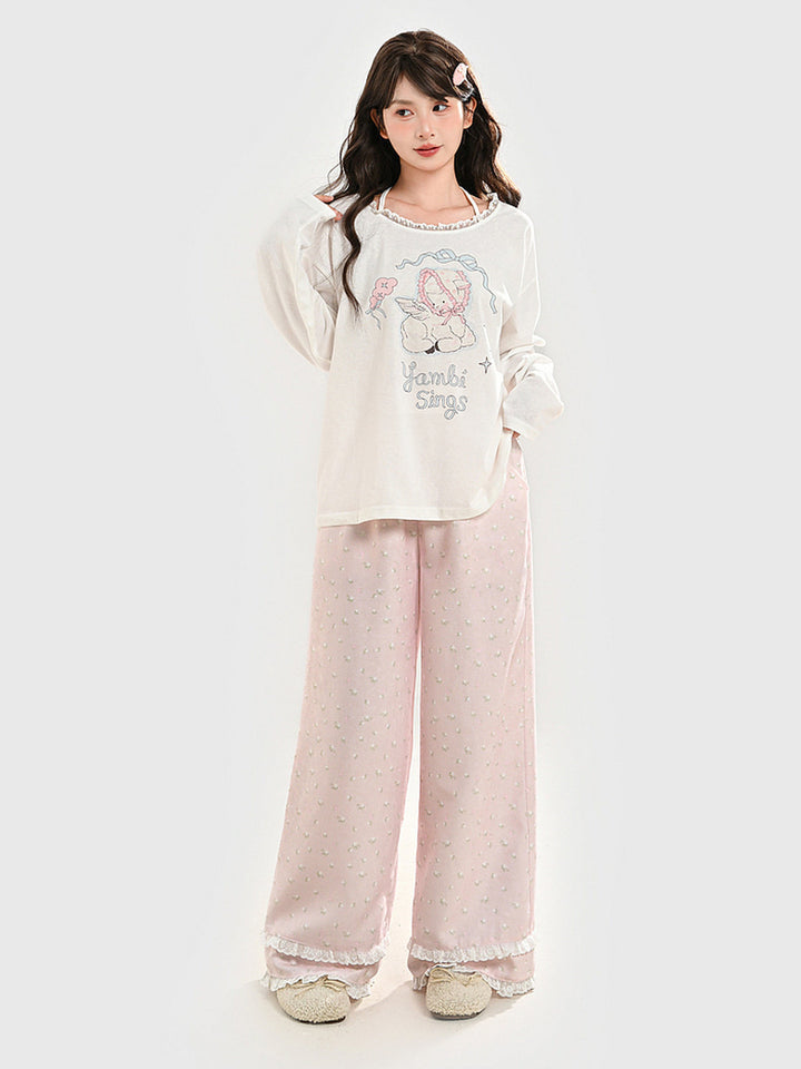 Kawaii Bonnet Lamb Graphic Long Sleeve T-Shirt