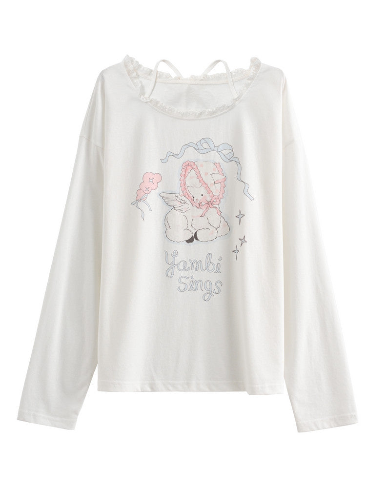 Kawaii Bonnet Lamb Graphic Long Sleeve T-Shirt