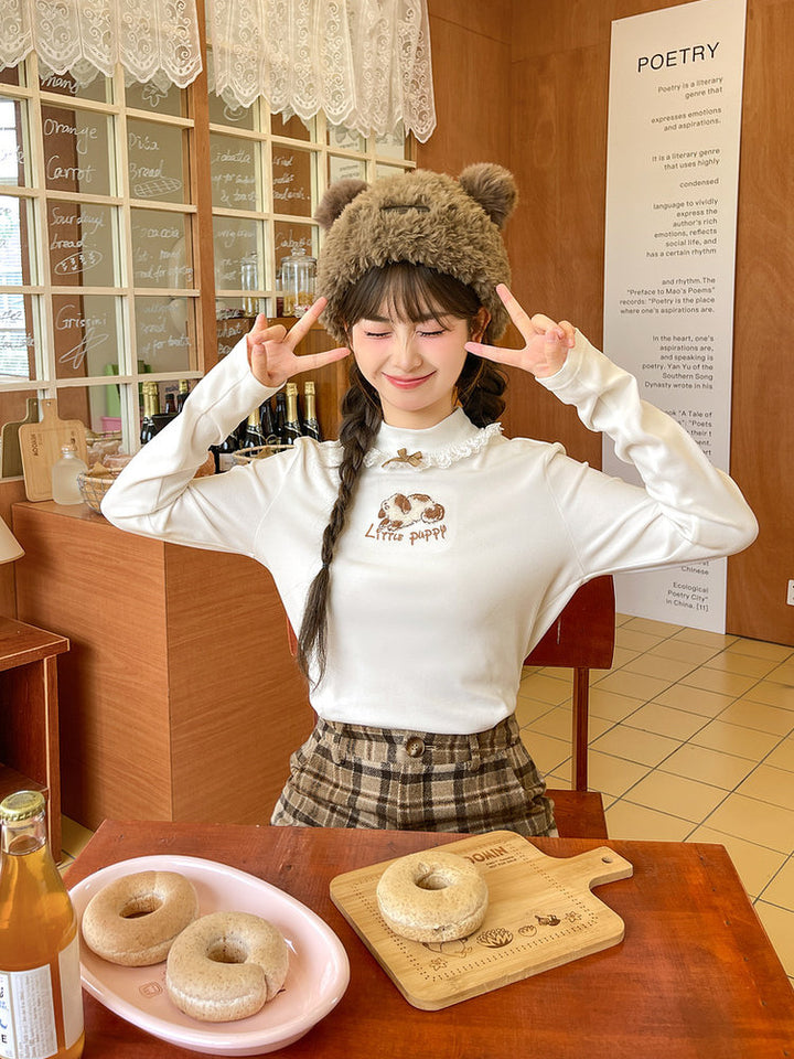 Animal Appliqué Lace Collar T-Shirt