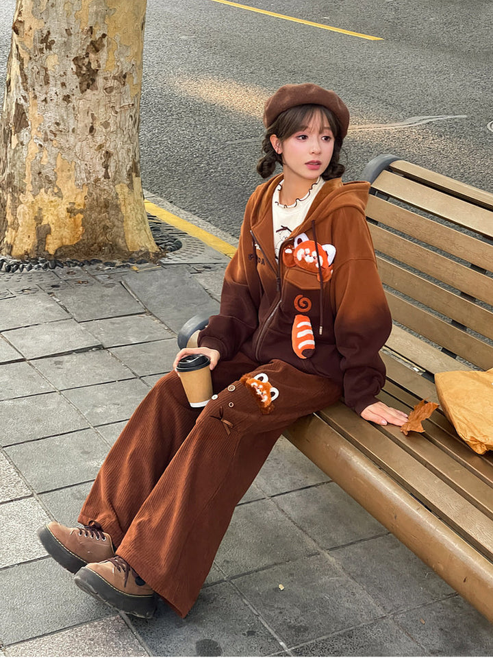 Red Panda Appliqué Wide Leg Pants