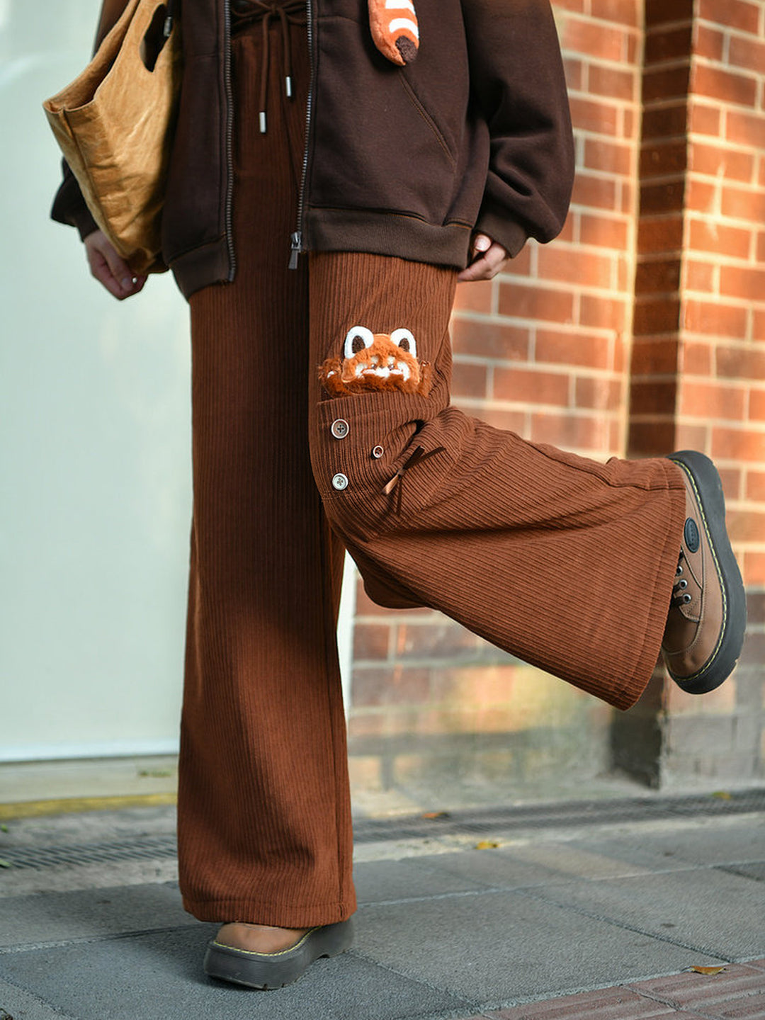Red Panda Appliqué Wide Leg Pants