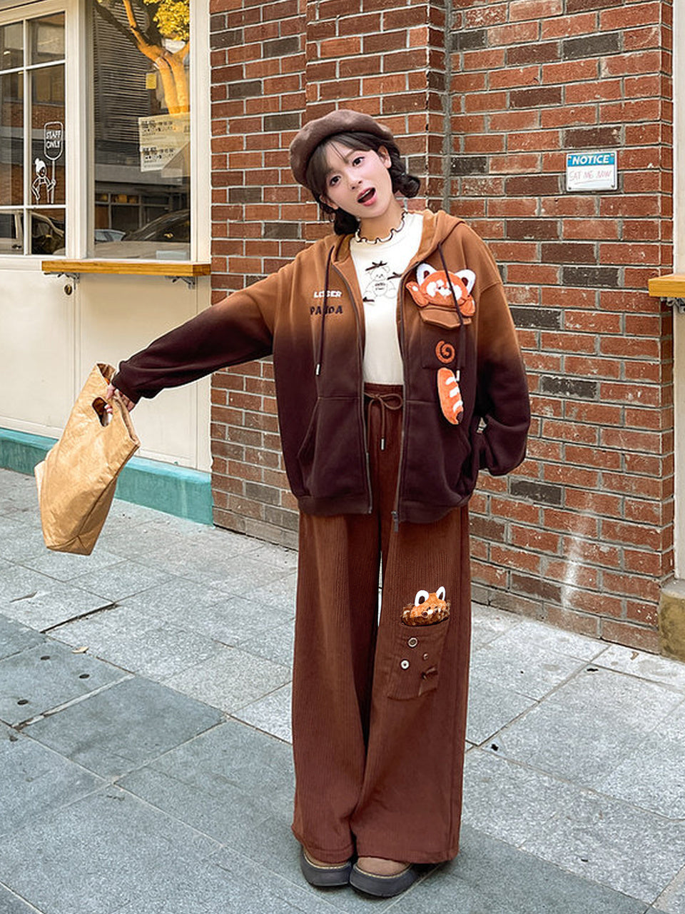Red Panda Appliqué Wide Leg Pants
