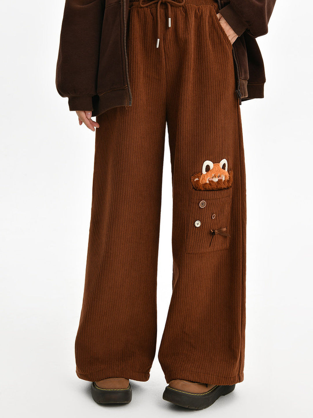 Red Panda Appliqué Wide Leg Pants