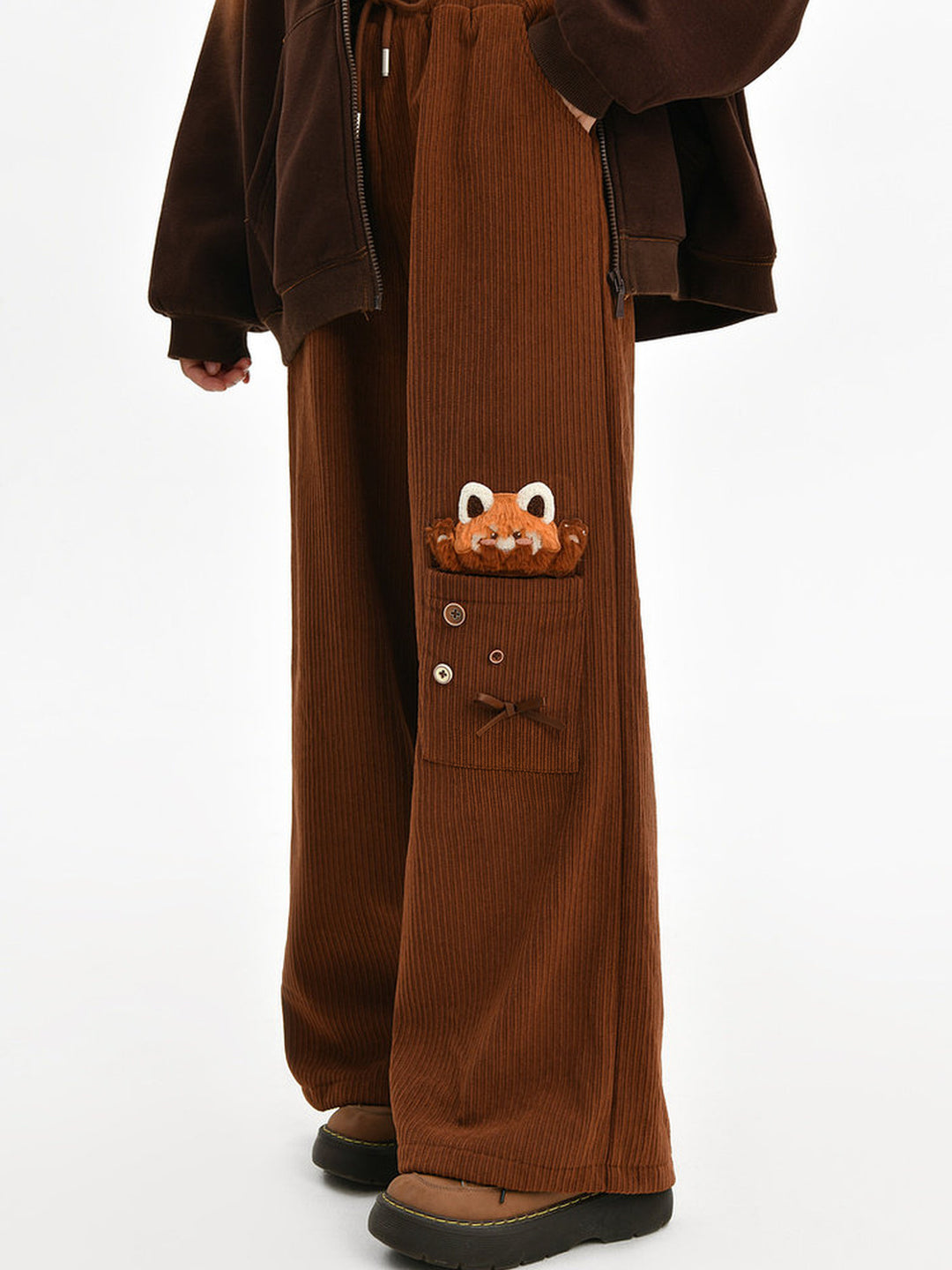Red Panda Appliqué Wide Leg Pants