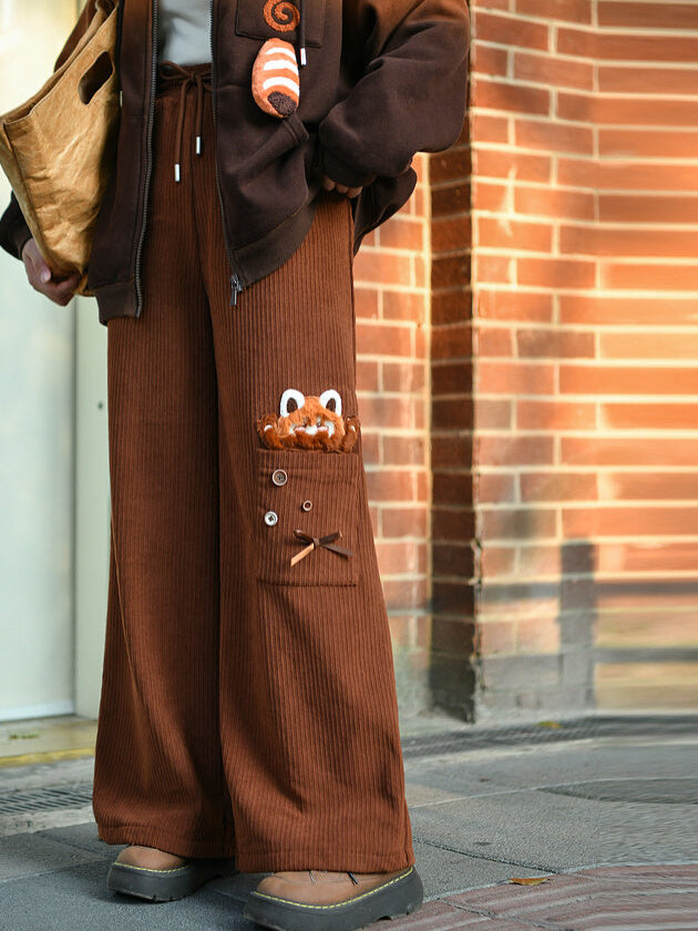 Red Panda Appliqué Wide Leg Pants