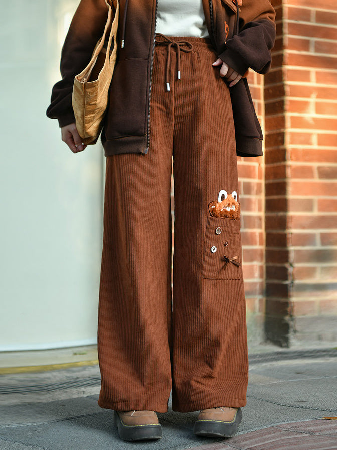 Red Panda Appliqué Wide Leg Pants